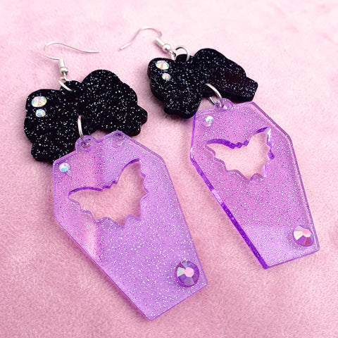 Coffin Doll Earrings ~ Lilac Bats