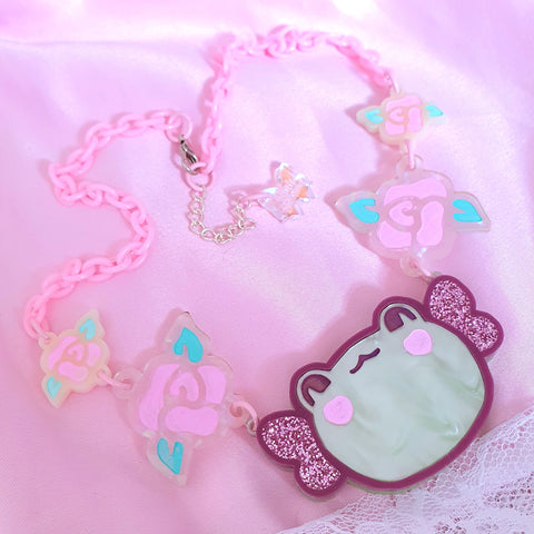 Frog in the Flowers Necklace ~ Pink