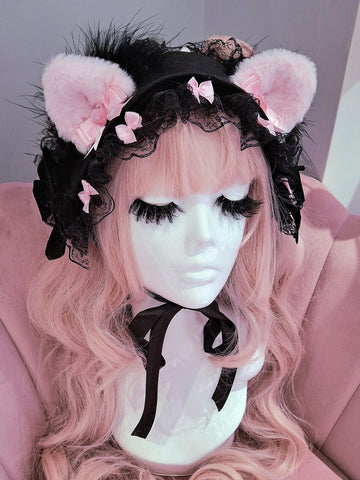 Lacey Bows Kitten Headdress ~ Black Velvet