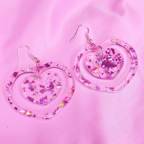 Double Heart Earrings ~ Pink Holographic