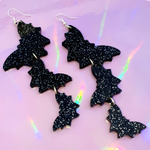 Bat Dangle Earrings ~ Black Glitter