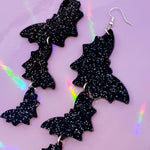 Bat Dangle Earrings ~ Black Glitter